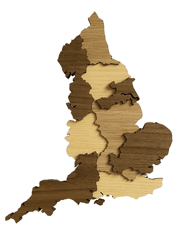 3D kort af England i træ.